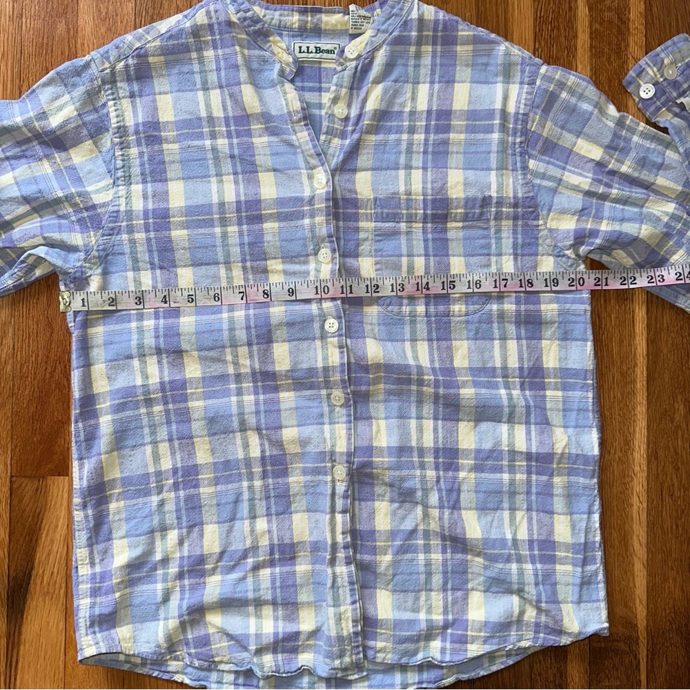 L.L.Bean Women’s M Light Blue Lavender Yellow Plaid Linen Shirt Mandarin Collar - Picture 2 of 11